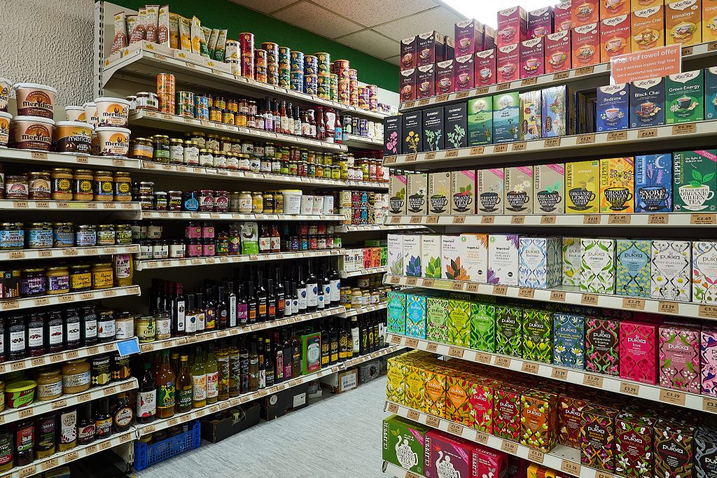 Shelves stocked with whole foods at Harvest Bristol